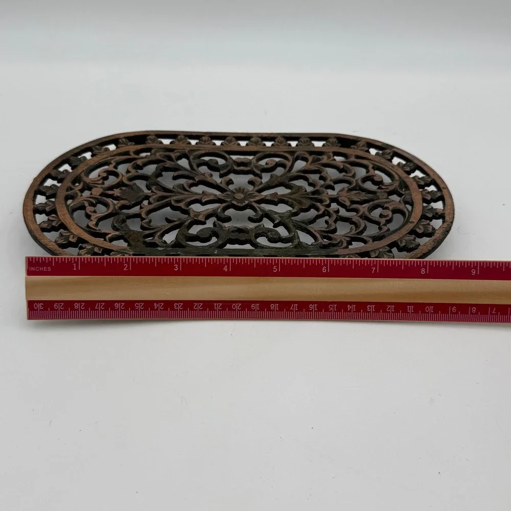 Vintage ODI Cast Iron Trivet Copper Plated Oval Ornate Filigree Scrollwork 9in